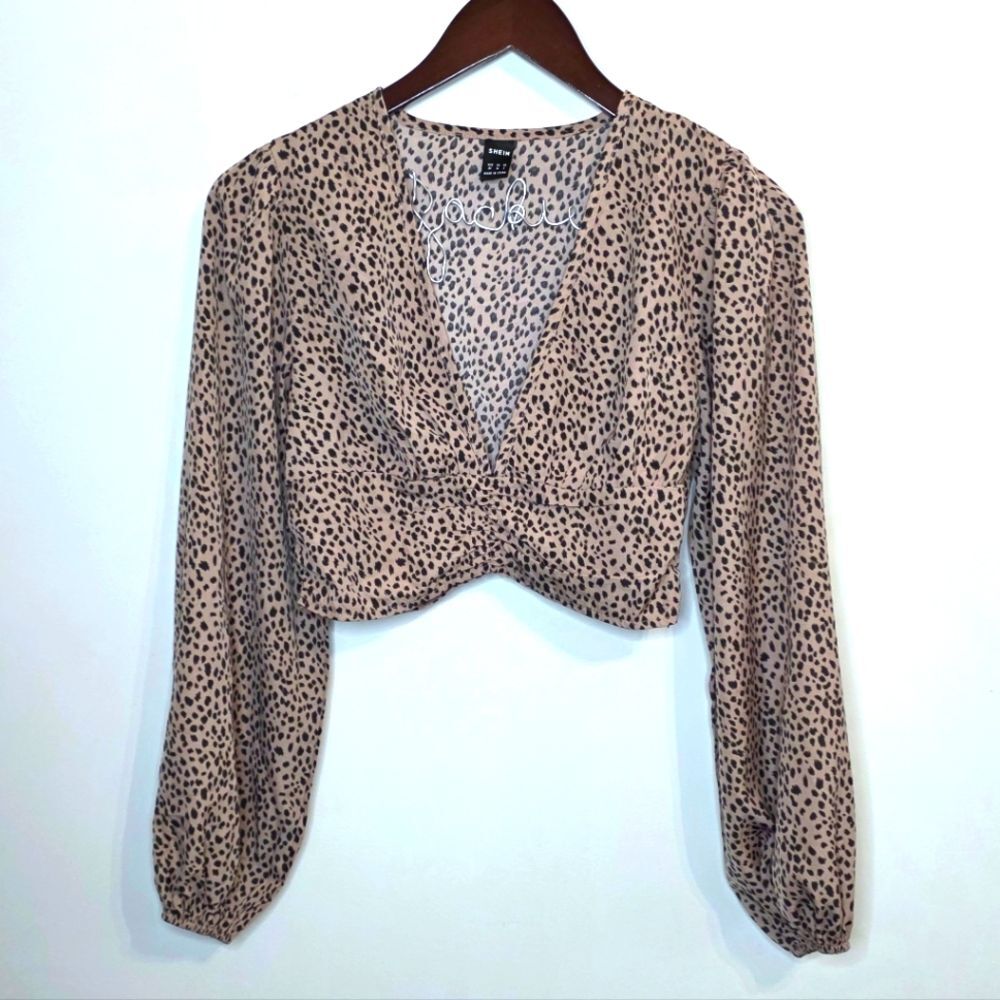 Shein Cheetah Print Long Sleeve Cropped Peasant Deep V-Neck Top Size XS